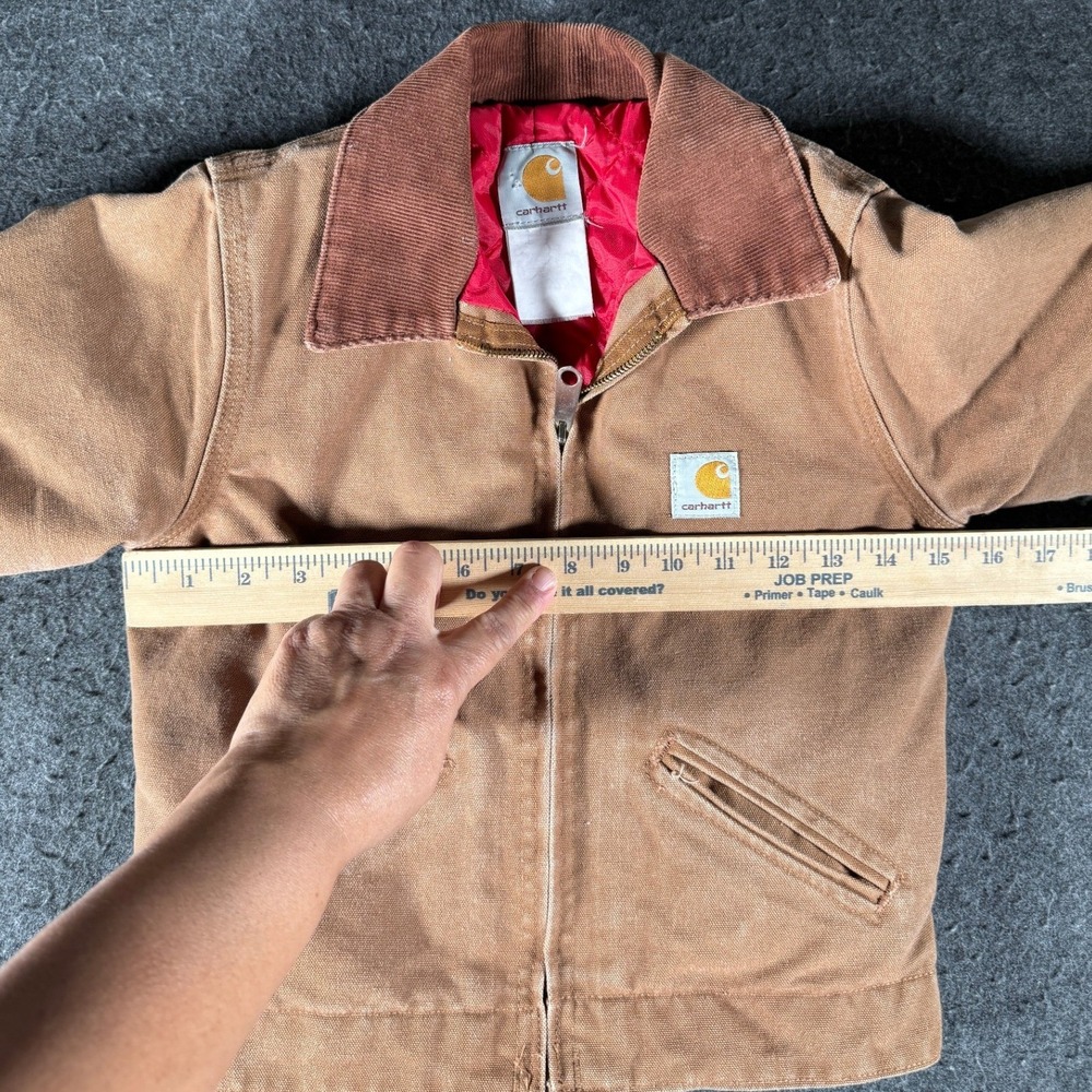 Vintage Carhartt Y04 Detroit Jacket Youth 8 Brown Duck Red Quilt Lined Distress - Picture 9 of 10